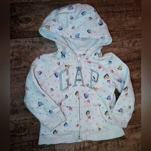 Gap silver glitter logo zip hoodie cream with colourful heart print size 2 EUC